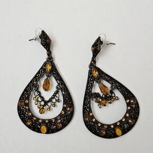 Vintage Victorian Rinestone Elegant Gold and Orange Teardrop Earrings
